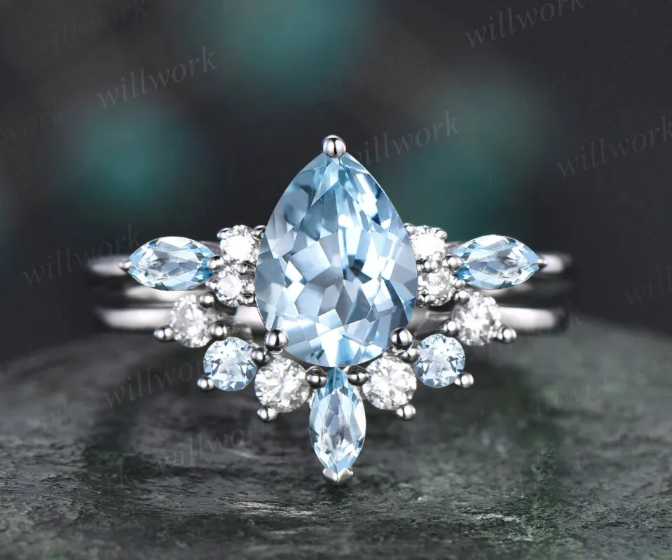 Pear shaped aquamarine engagement ring set solid 14k white gold marquise cut aquamarine ring for women moissanite ring bridal set jewelry sold by Willwork Jewelry
