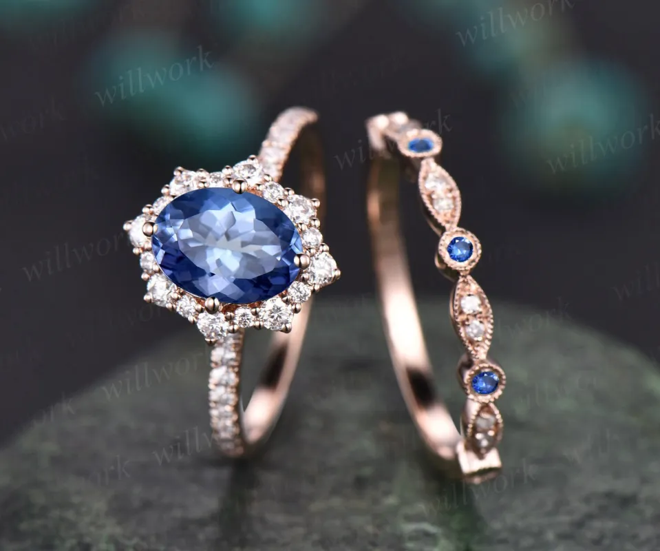 Oval cut Tanzanite engagement ring set solid 14k rose gold snowdrift moissanite ring art deco sapphire diamond wedding ring band for women made by Willwork Jewelry