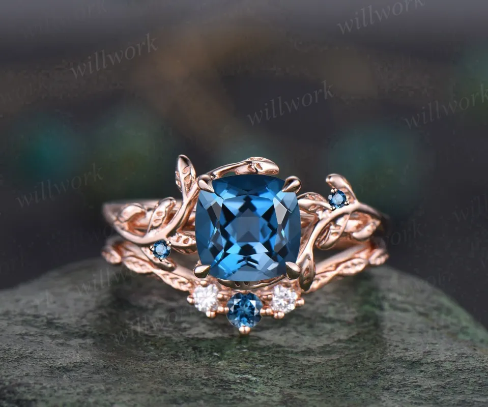 Twig cushion London blue topaz engagement ring set leaf branch rose gold three stone moissanite unique nature inspired wedding ring women sold by Willwork Jewelry