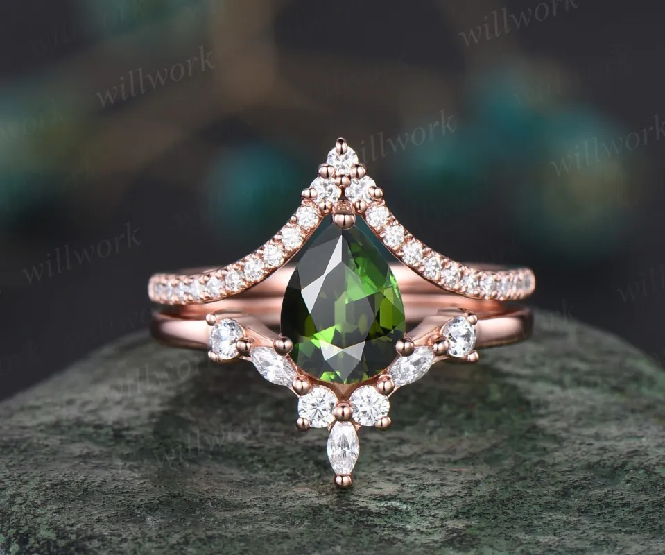 Pear shaped green tourmaline engagement ring set 14k rose gold V shaped art deco diamond ring unique promise wedding ring set women jewelry made by Willwork Jewelry