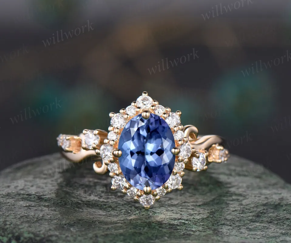 Vintage oval cut Tanzanite engagement ring solid 14k yellow gold snowdrift halo diamond ring unique wedding bridal ring women fine jewelry made by Willwork Jewelry