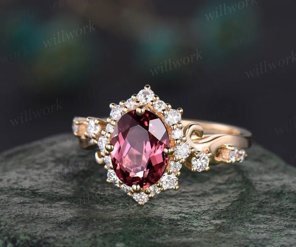 Vintage oval cut pink tourmaline engagement ring solid 14k yellow gold snowdrift halo diamond ring unique bridal ring for women fine jewelry made by Willwork Jewelry