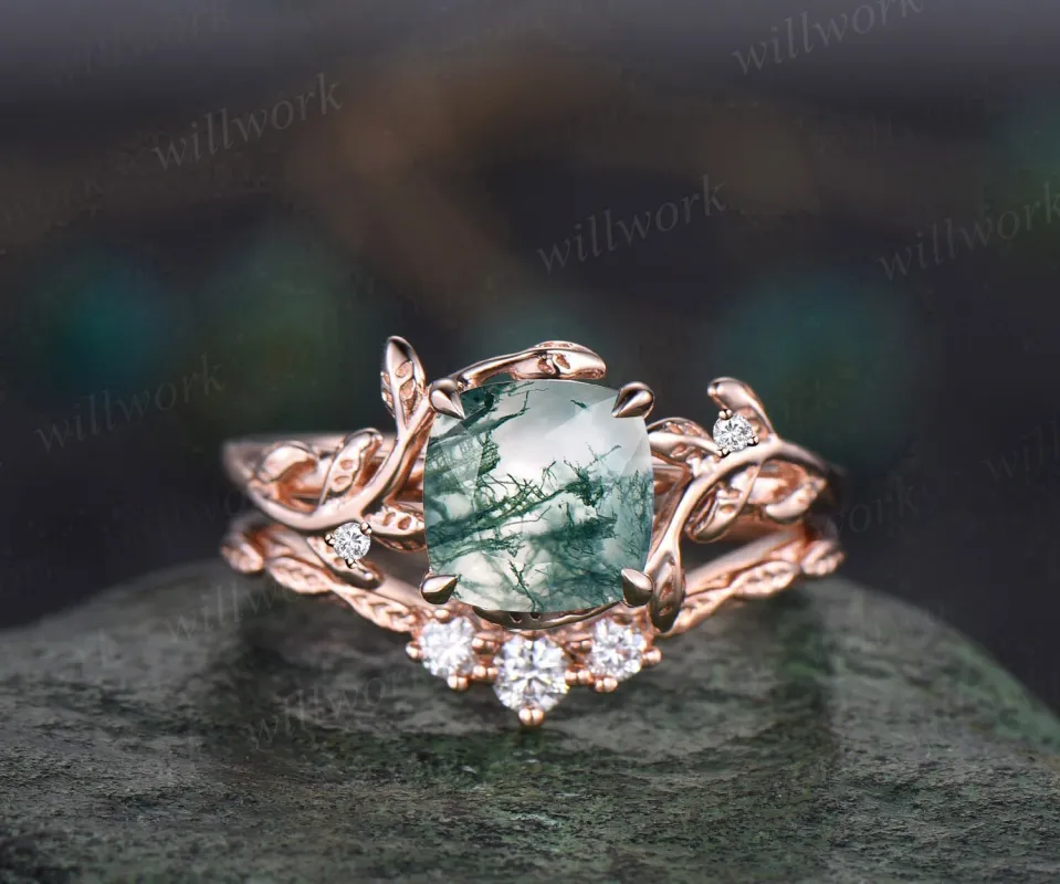 Twig cushion cut green moss agate engagement ring set leaf branch rose gold three stone diamond unique nature inspired wedding ring women sold by Willwork Jewelry
