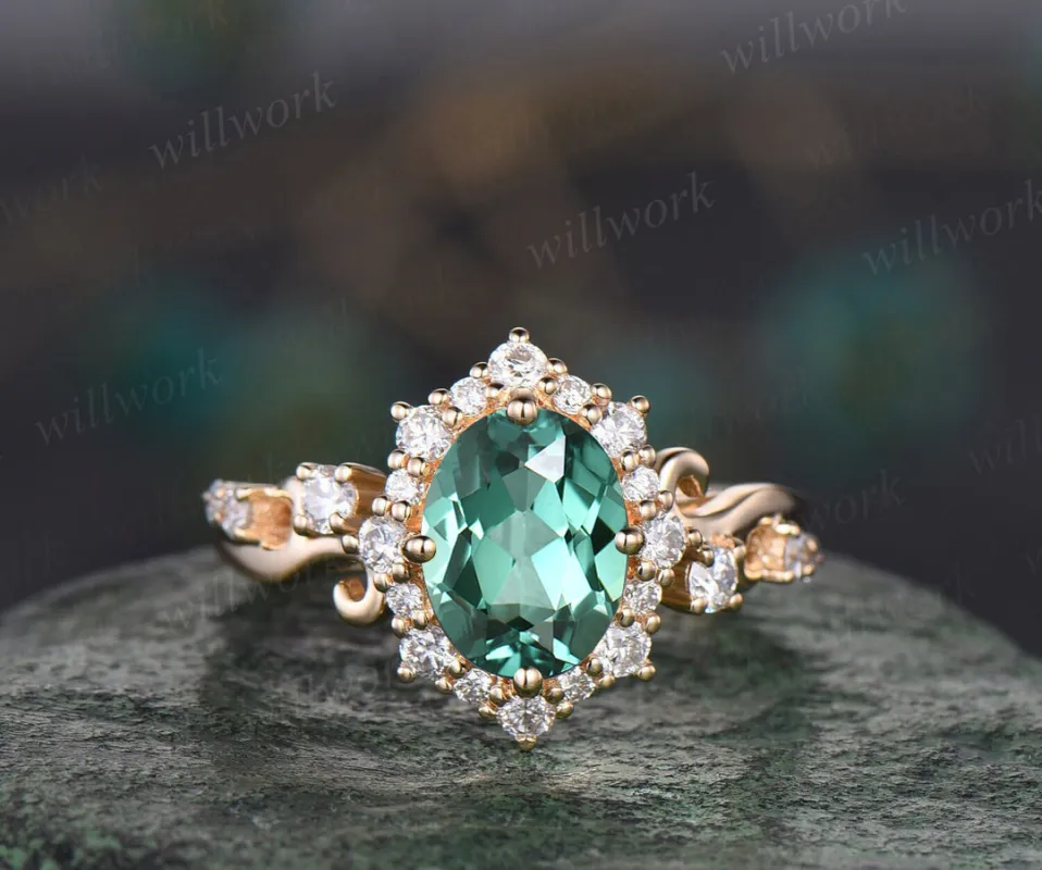 Vintage oval cut teal green sapphire engagement ring 14k yellow gold halo diamond ring unique promise anniversary ring women fine jewelry sold by Willwork Jewelry