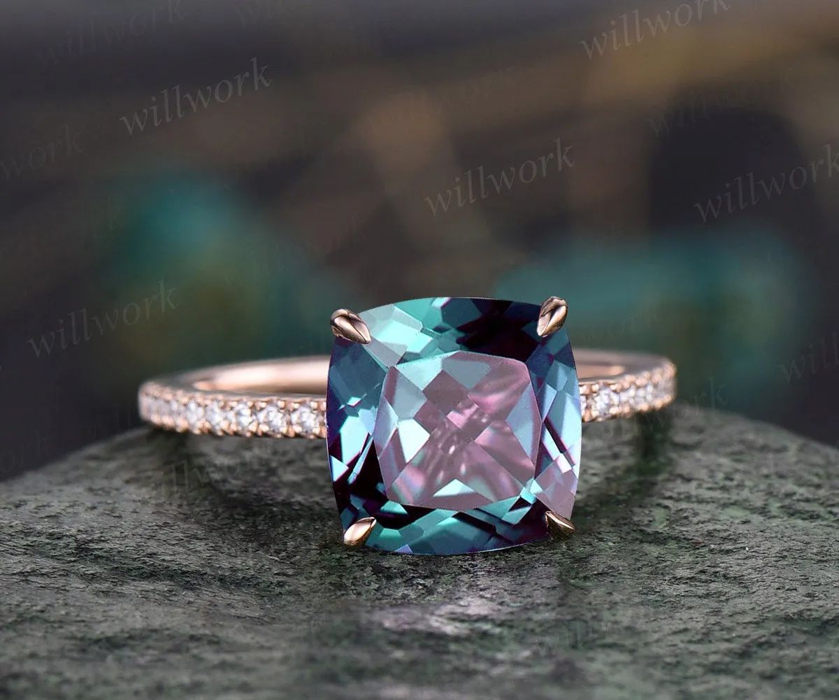 Vintage 8mm cushion cut Alexandrite engagement ring for women rose gold under halo half eternity diamond ring jewelry unique promise ring sold by Willwork Jewelry product image thumbnail 4