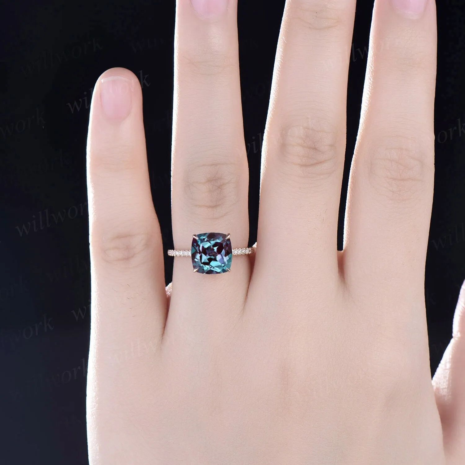 Vintage 8mm cushion cut Alexandrite engagement ring for women rose gold under halo half eternity diamond ring jewelry unique promise ring sold by Willwork Jewelry product image thumbnail 2