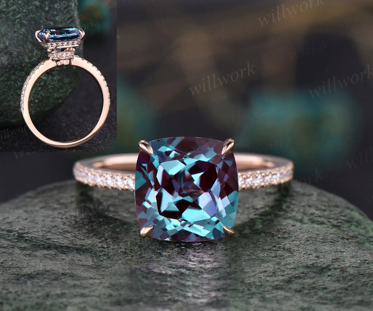 Vintage 8mm cushion cut Alexandrite engagement ring for women rose gold under halo half eternity diamond ring jewelry unique promise ring sold by Willwork Jewelry
