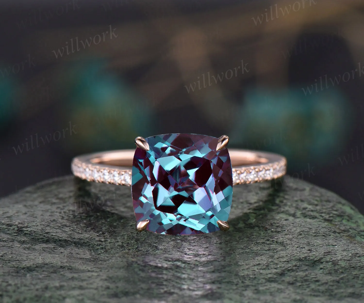 Vintage 8mm cushion cut Alexandrite engagement ring for women rose gold under halo half eternity diamond ring jewelry unique promise ring sold by Willwork Jewelry product image thumbnail 5