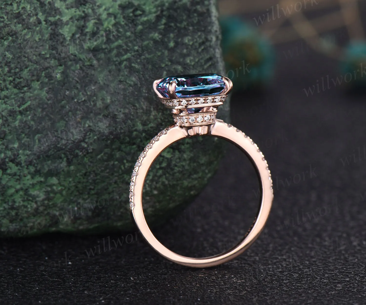 Vintage 8mm cushion cut Alexandrite engagement ring for women rose gold under halo half eternity diamond ring jewelry unique promise ring sold by Willwork Jewelry product image thumbnail 3