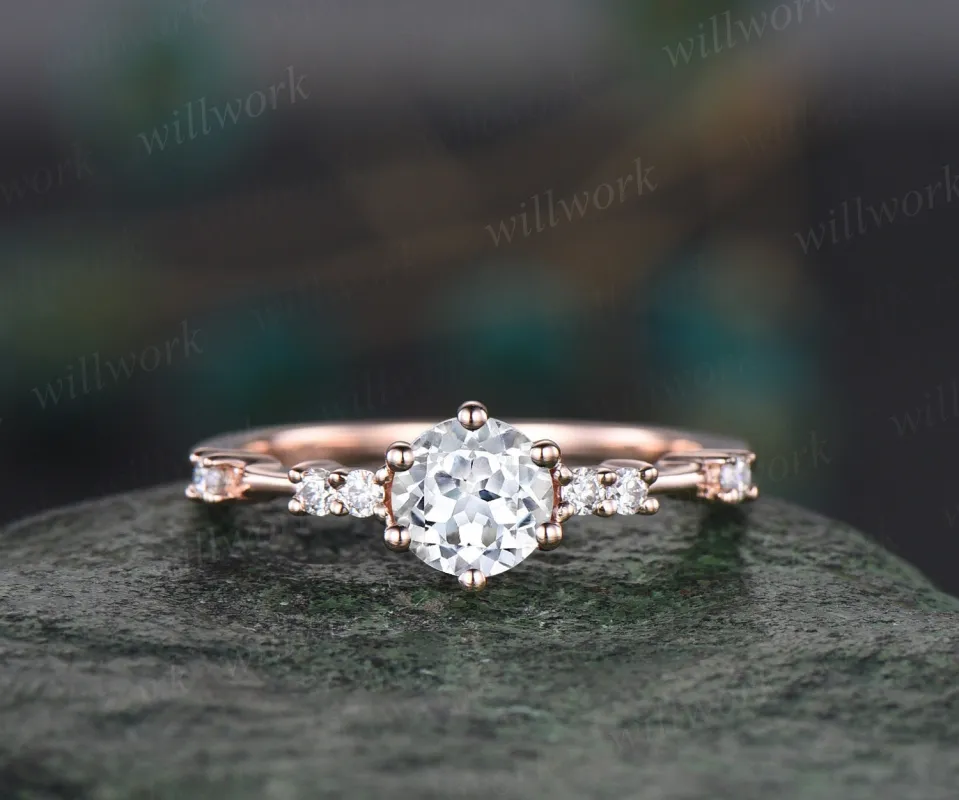 Dainty Round cut white sapphire ring unique white sapphire engagement ring for women 6 prong rose gold ring 7 stone diamond promise ring sold by Willwork Jewelry