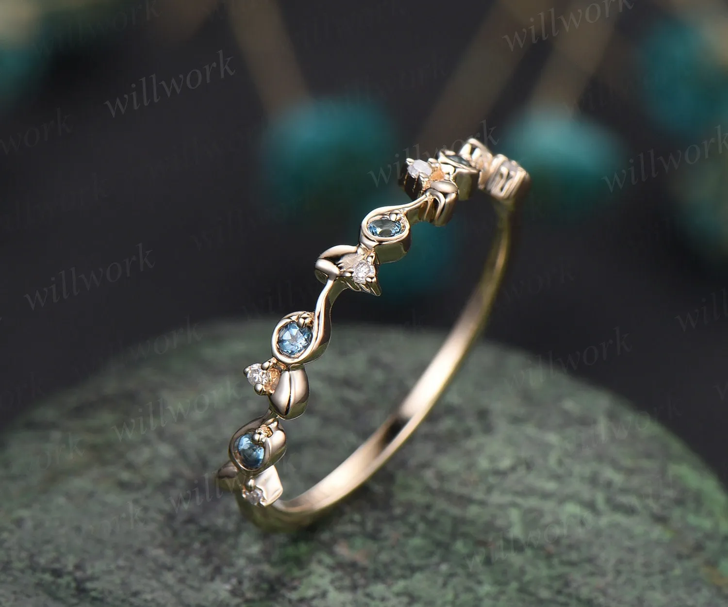 Vintage London blue topaz wedding band unique half eternity diamond wedding ring band dainty anniversary ring women graduation gift jewelry sold by Willwork Jewelry product image thumbnail 4