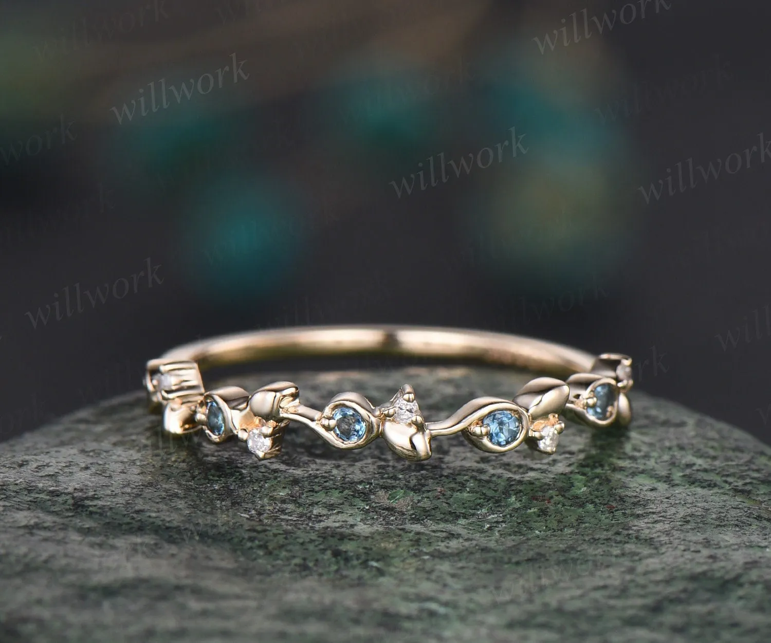 Vintage London blue topaz wedding band unique half eternity diamond wedding ring band dainty anniversary ring women graduation gift jewelry sold by Willwork Jewelry