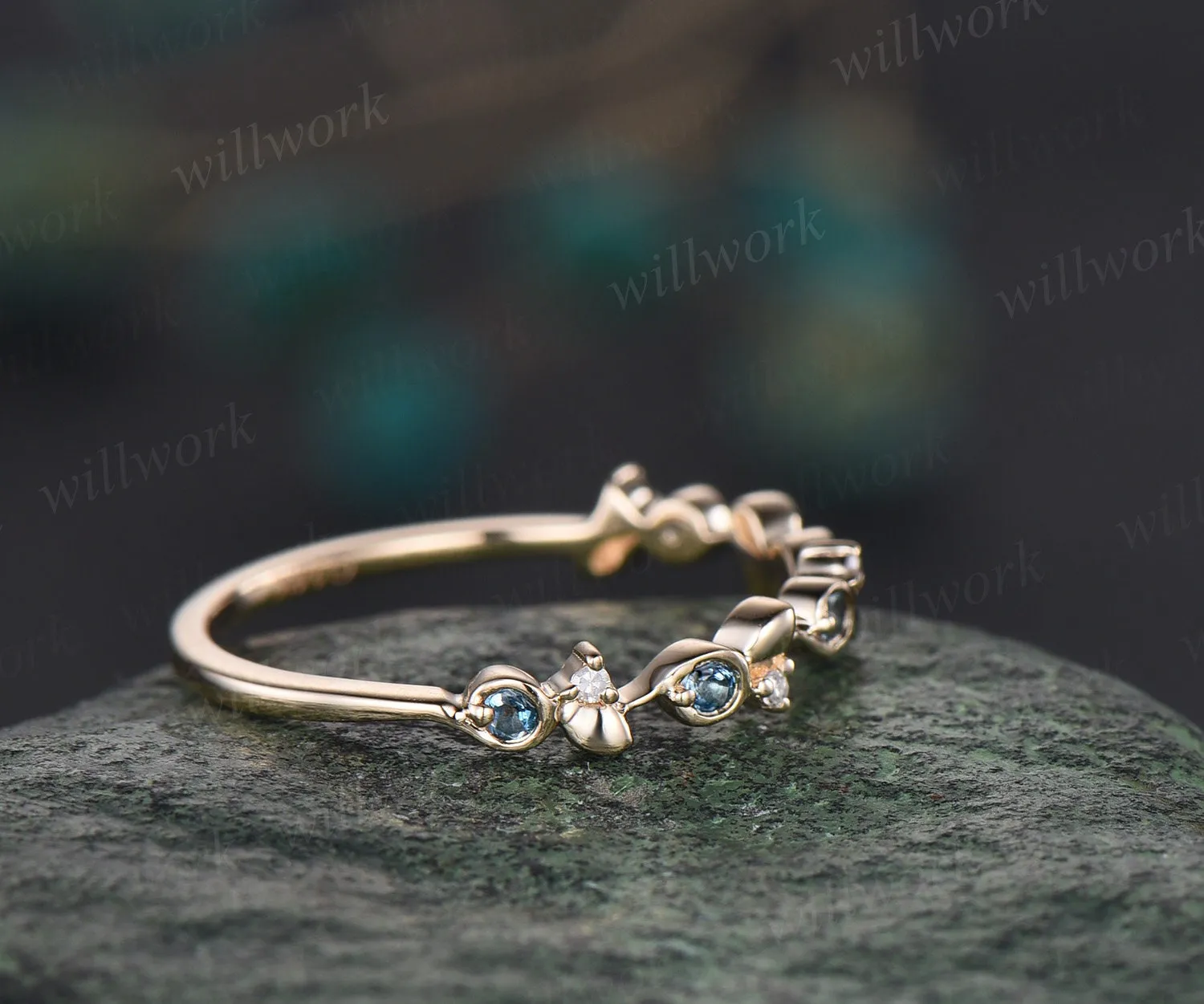Vintage London blue topaz wedding band unique half eternity diamond wedding ring band dainty anniversary ring women graduation gift jewelry sold by Willwork Jewelry product image thumbnail 3