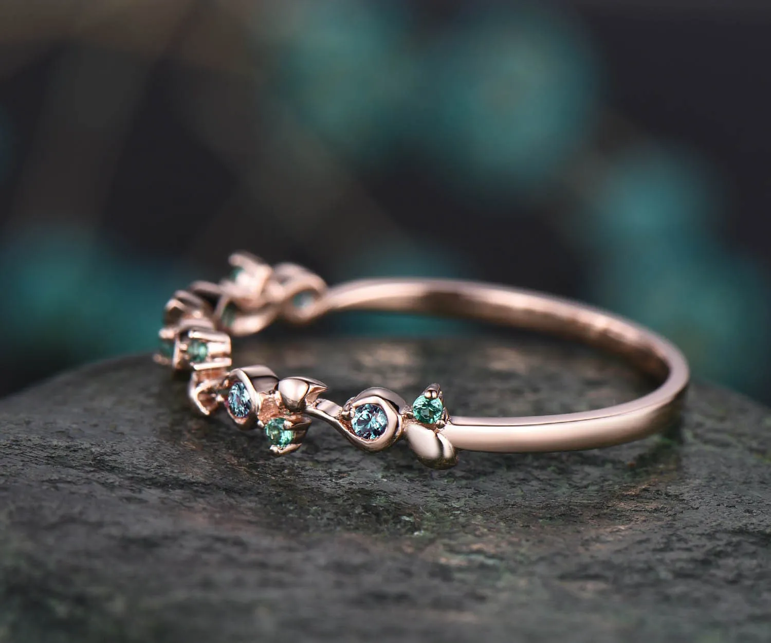 Unique natural emerald alexandrite wedding band leaf 14k rose gold stacking vintage dainty wedding ring band women anniversary ring gift sold by Willwork Jewelry product image thumbnail 4