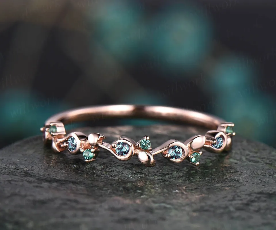 Unique natural emerald alexandrite wedding band leaf 14k rose gold stacking vintage dainty wedding ring band women anniversary ring gift sold by Willwork Jewelry