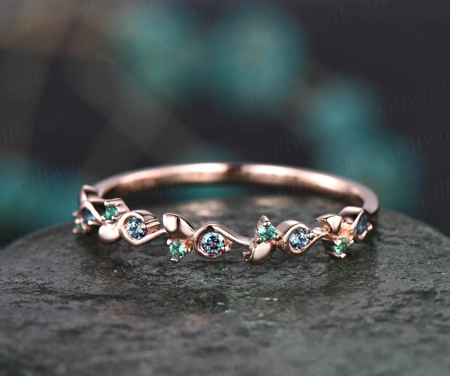 Unique natural emerald alexandrite wedding band leaf 14k rose gold stacking vintage dainty wedding ring band women anniversary ring gift sold by Willwork Jewelry product image thumbnail 3