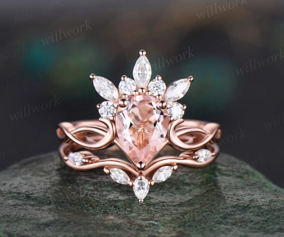 Morganite ring vintage pear shaped Morganite engagement ring set cluster rose gold ring marquise cut diamond promise  bridal ring set women sold by Willwork Jewelry