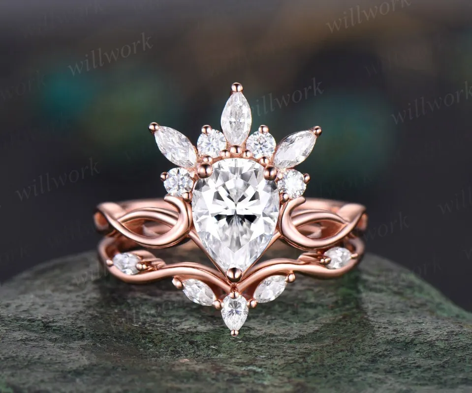 Vintage pear shaped moissanite engagement ring set art deco crown cluster rose gold ring women infinity diamond promise ring set her gift sold by Willwork Jewelry