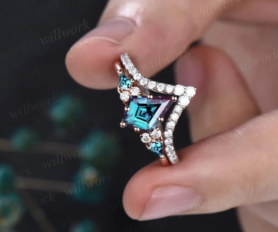 7x10mm kite cut alexandrite ring unique engagement ring for women solid 14k rose gold diamond ring set vintage wedding ring set gift sold by Willwork Jewelry