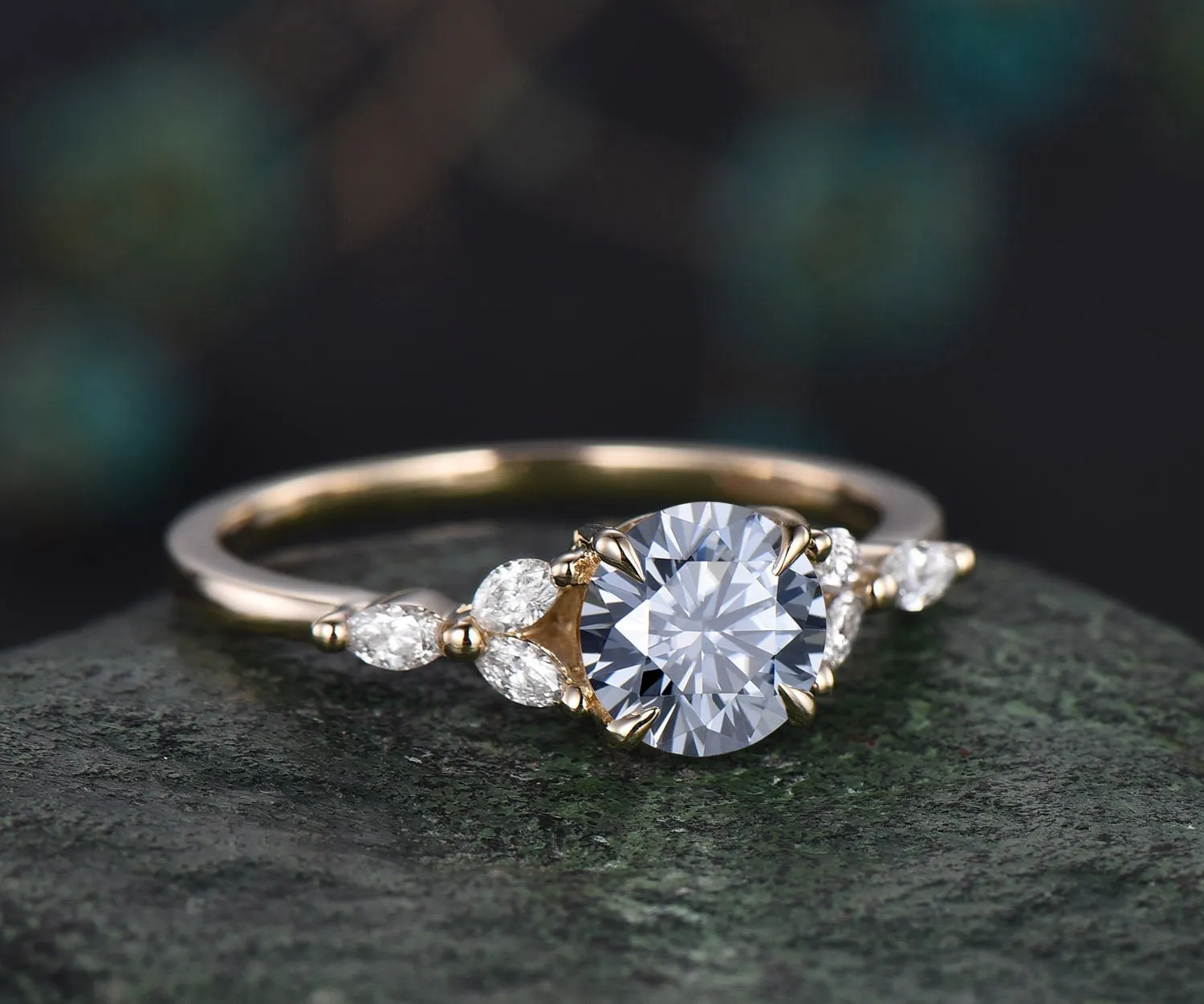 1ct round gray moissanite engagement ring yellow gold dainty cluster marquise cut diamond ring women unique promise anniversary ring gifts sold by Willwork Jewelry