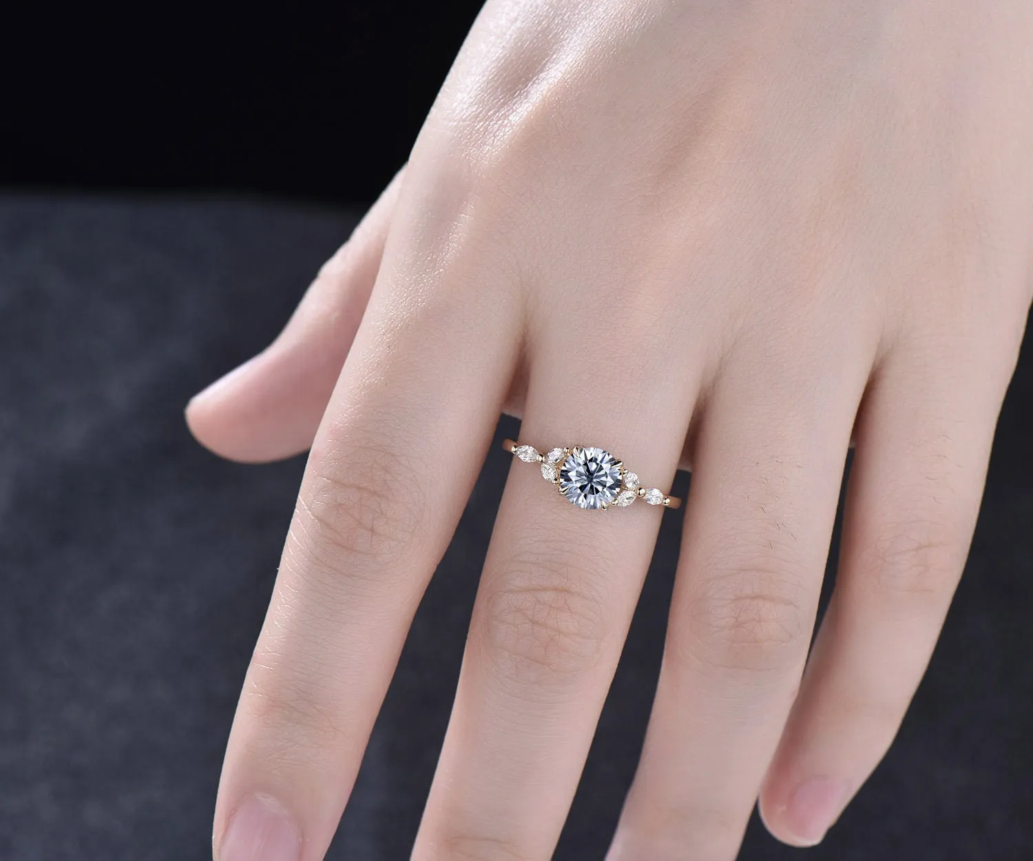 1ct round gray moissanite engagement ring yellow gold dainty cluster marquise cut diamond ring women unique promise anniversary ring gifts sold by Willwork Jewelry product image thumbnail 2