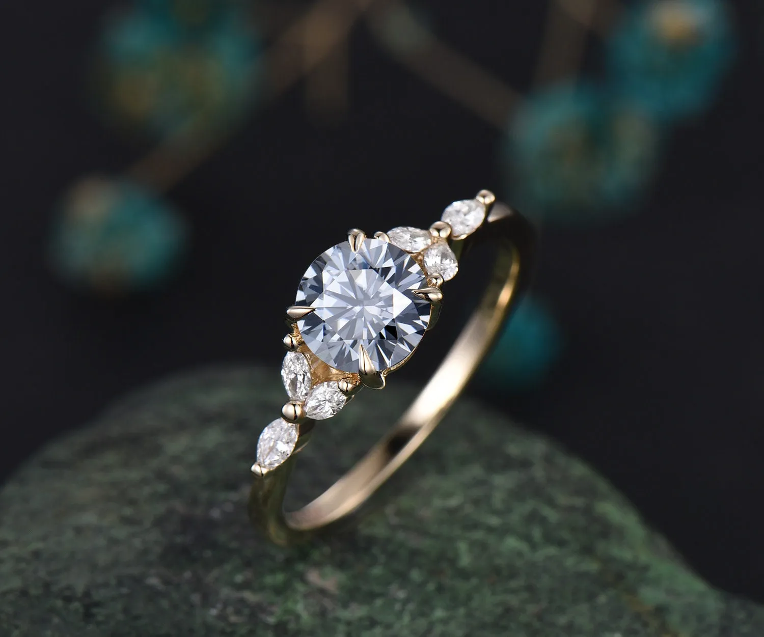 1ct round gray moissanite engagement ring yellow gold dainty cluster marquise cut diamond ring women unique promise anniversary ring gifts sold by Willwork Jewelry product image thumbnail 3