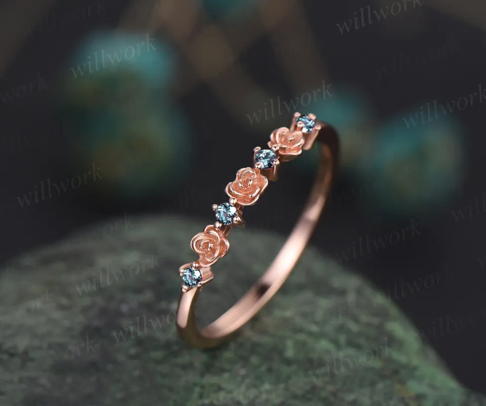Dainty flower Alexandrite wedding band solid 14k rose gold stacking unique vintage wedding ring band for women anniversary ring gift sold by Willwork Jewelry