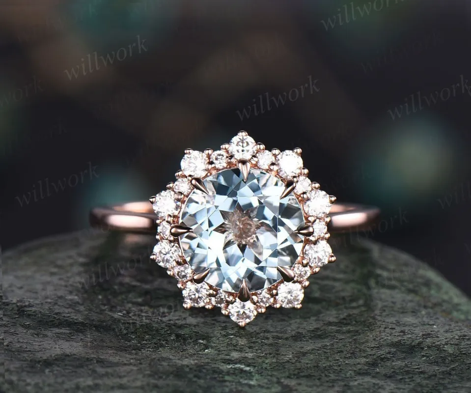 2ct Round aquamarine ring vintage aquamarine engagement ring 14k rose gold halo snowdrift moissanite unique wedding anniversary ring women made by Willwork Jewelry