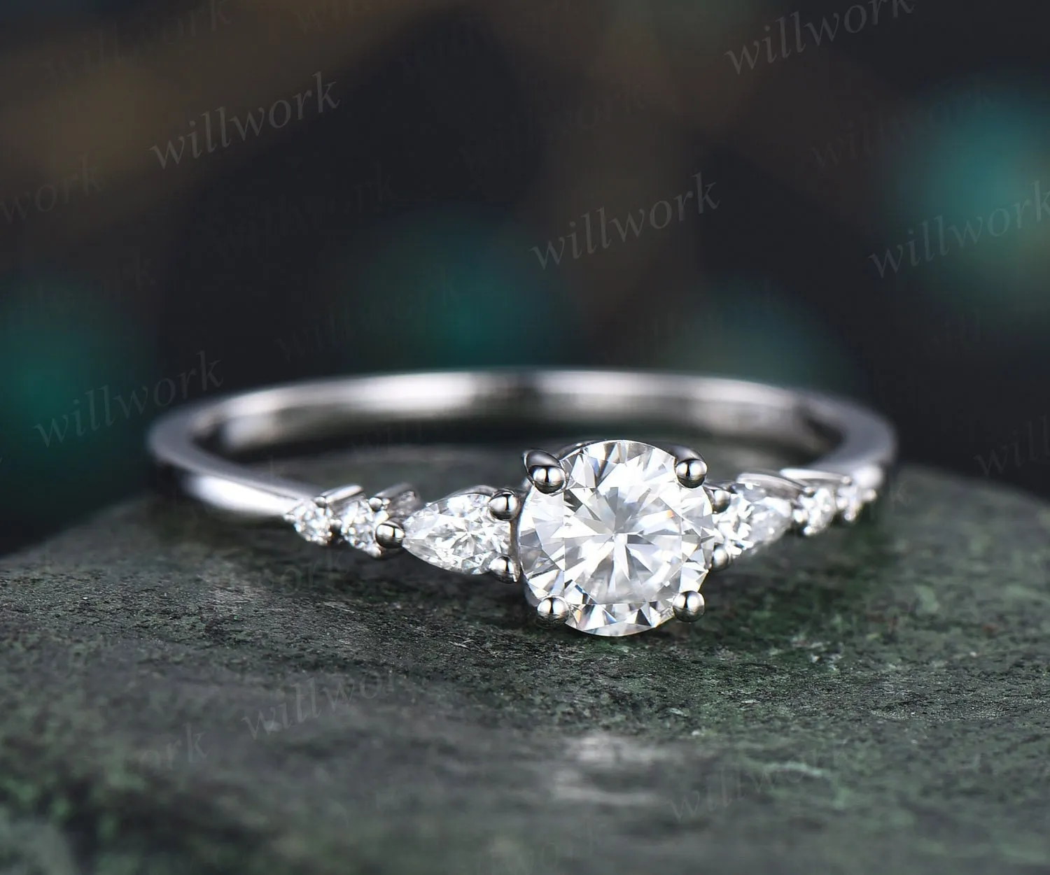 Round moissanite ring vintage moissanite engagement ring 14k white gold dainty minimalist pear diamond ring promise wedding ring women gifts sold by Willwork Jewelry
