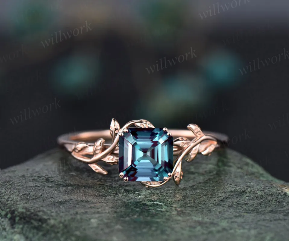 Asscher cut Alexandrite engagement ring 14k rose gold leaf branch Nature inspired solitaire promise wedding anniversary ring for women gift sold by Willwork Jewelry