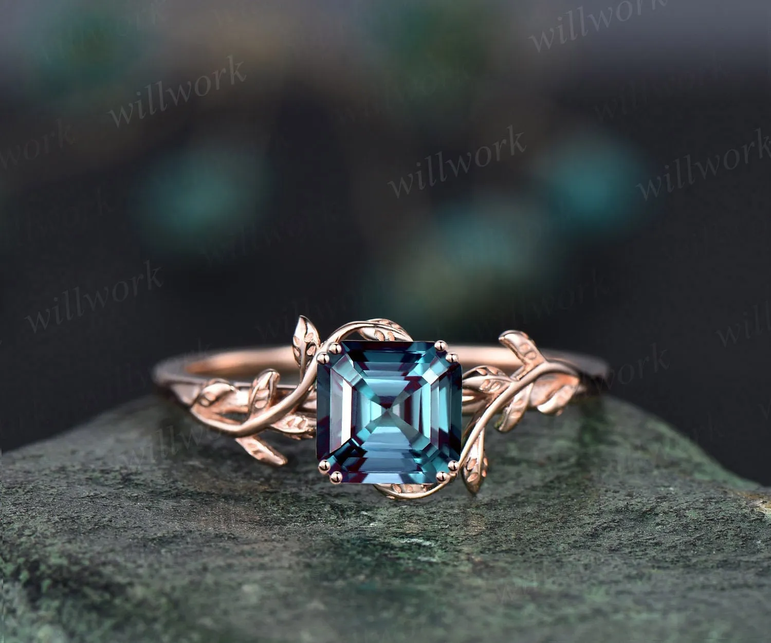 Asscher cut Alexandrite engagement ring 14k rose gold leaf branch Nature inspired solitaire promise wedding anniversary ring for women gift sold by Willwork Jewelry