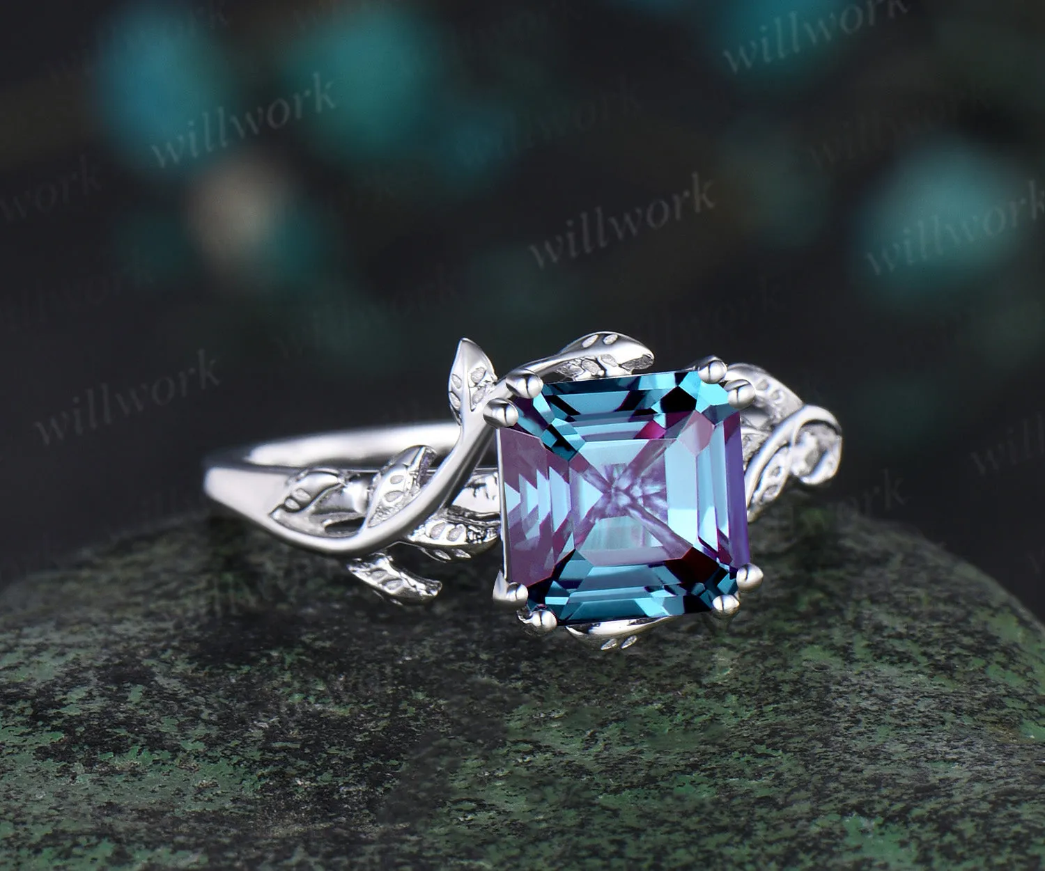 Asscher cut Alexandrite engagement ring 14k rose gold leaf branch Nature inspired solitaire promise wedding anniversary ring for women gift sold by Willwork Jewelry product image thumbnail 4