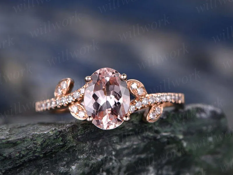 Morganite engagement ring-Solid 14k Rose gold ring-Real Diamond ring-9x7mm Oval gemstone Floral Flower promise ring-Unique band sold by Willwork Jewelry