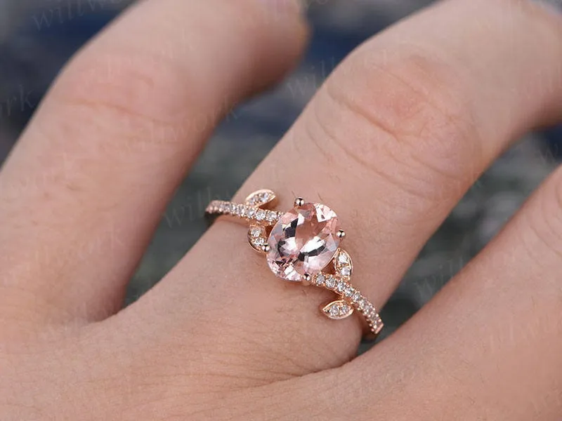 Morganite engagement ring-Solid 14k Rose gold ring-Real Diamond ring-9x7mm Oval gemstone Floral Flower promise ring-Unique band sold by Willwork Jewelry product image thumbnail 2