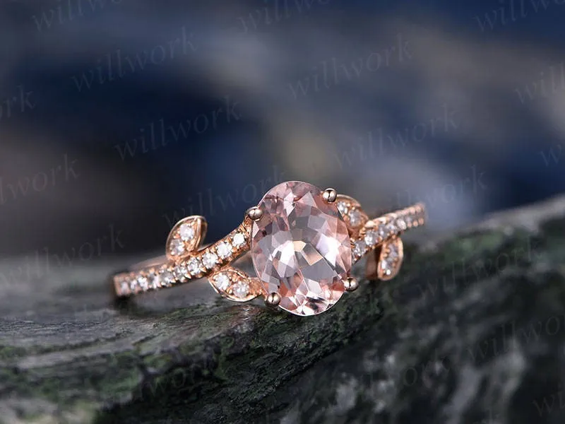 Morganite engagement ring-Solid 14k Rose gold ring-Real Diamond ring-9x7mm Oval gemstone Floral Flower promise ring-Unique band sold by Willwork Jewelry product image thumbnail 3