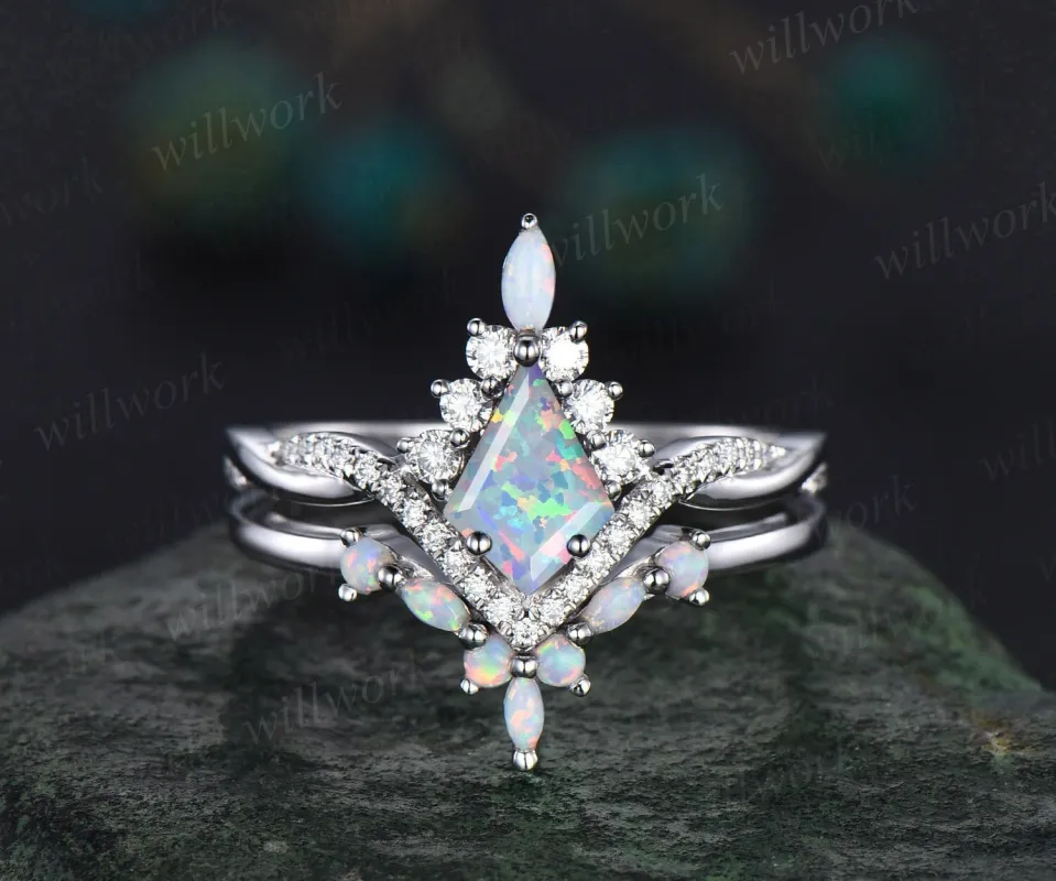 Kite cut white opal engagement ring set art deco 14k white gold halo marquise cut opal ring set twisted moissanite bridal ring set for women sold by Willwork Jewelry