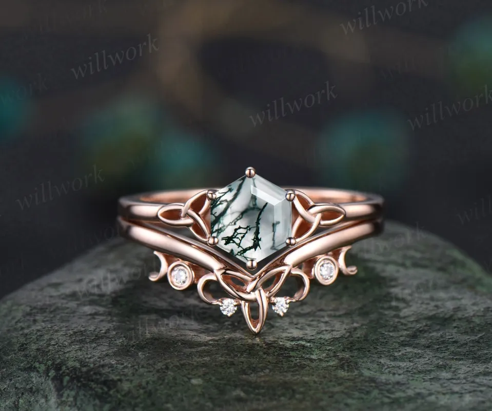 Unique hexagon cut green moss agate engagement ring set 14k rose gold solitaire Norse Viking ring Jewelry vintage wedding ring set for women sold by Willwork Jewelry