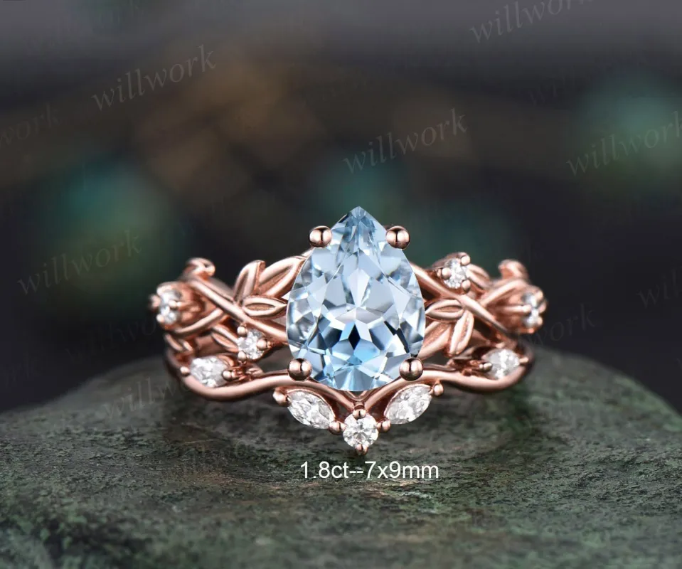 Twig pear shaped Aquamarine engagement ring set rose gold five stone leaf branch Nature inspired ring diamond wedding ring set women jewelry sold by Willwork Jewelry