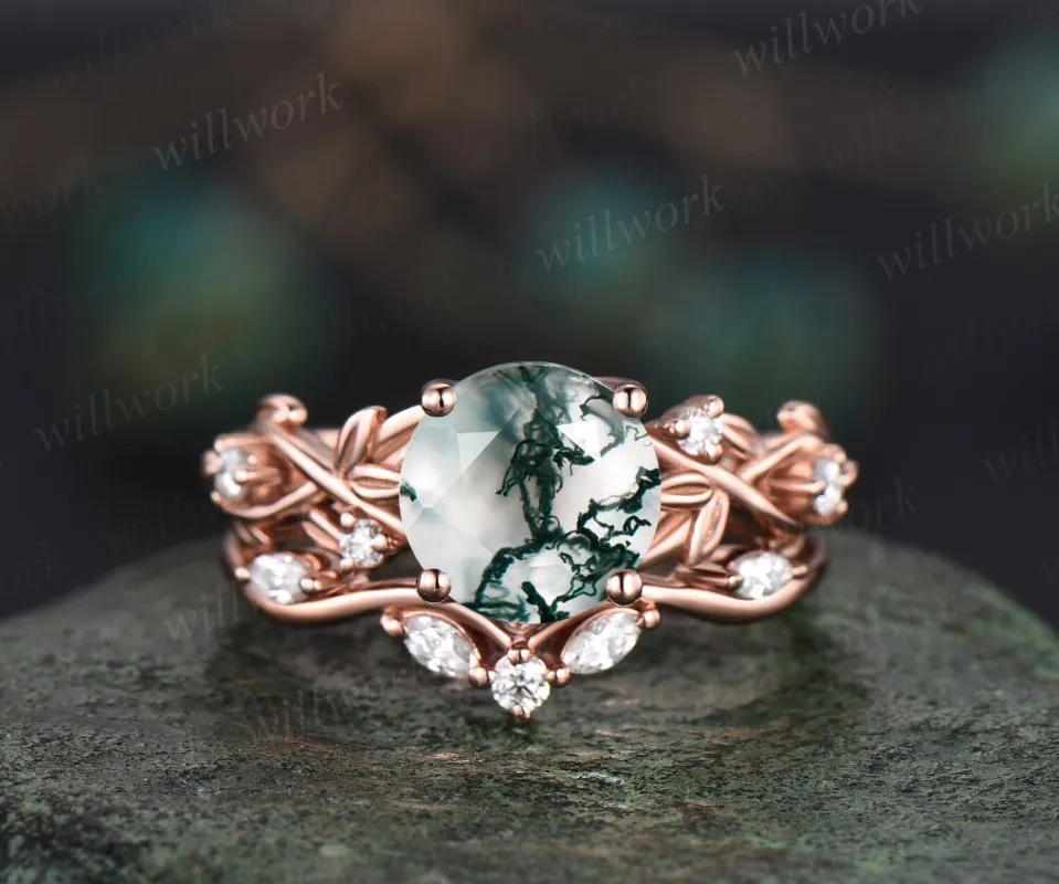 2ct Twig round cut green moss agate engagement ring set 14k rose gold five stone leaf branch Nature inspired diamond wedding ring set women sold by Willwork Jewelry