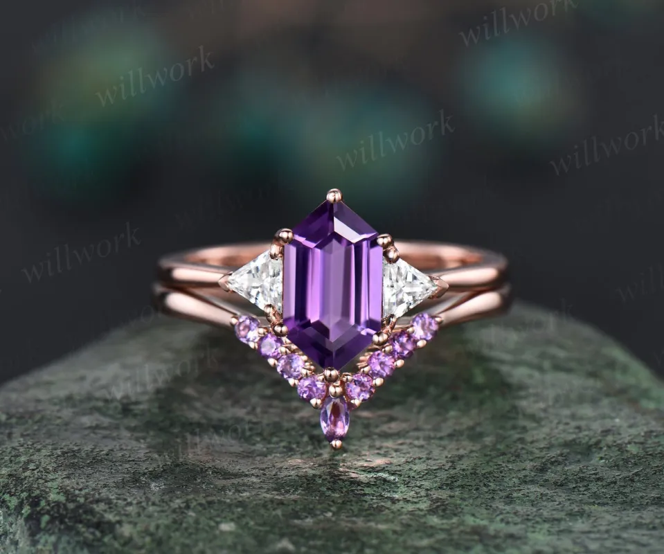 Long hexagon cut Amethyst engagement ring set three stone 14k rose gold amethyst wedding band moissanite anniversary ring set for women gift sold by Willwork Jewelry