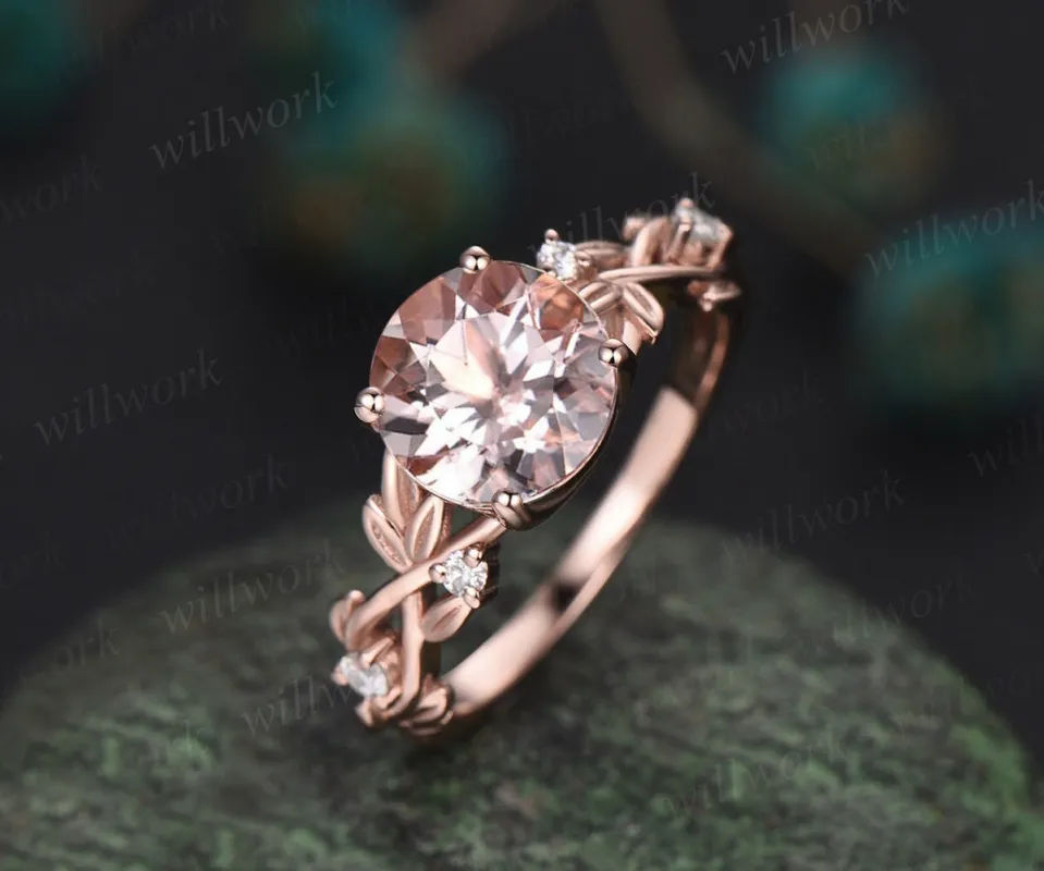 2ct Twig round cut morganite engagement ring 14k rose gold art deco five stone leaf branch Nature inspired diamond wedding ring for women made by Willwork Jewelry