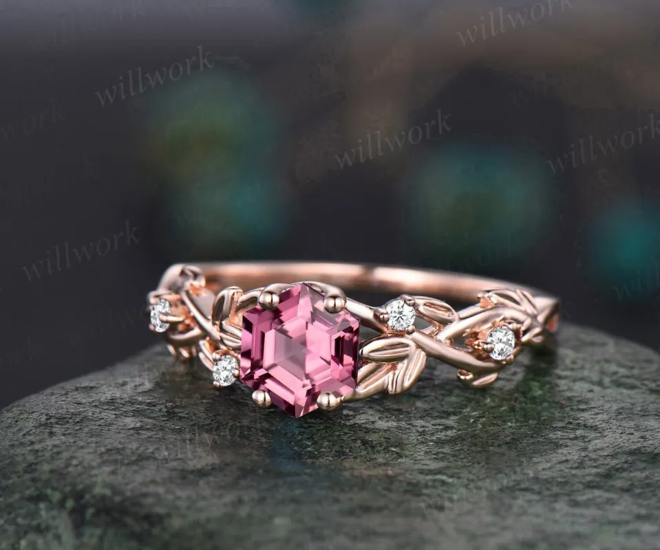 Twig hexagon cut Pink Tourmaline engagement ring women 14k white gold leaf branch nature inspired diamond ring unique wedding ring jewelry made by Willwork Jewelry