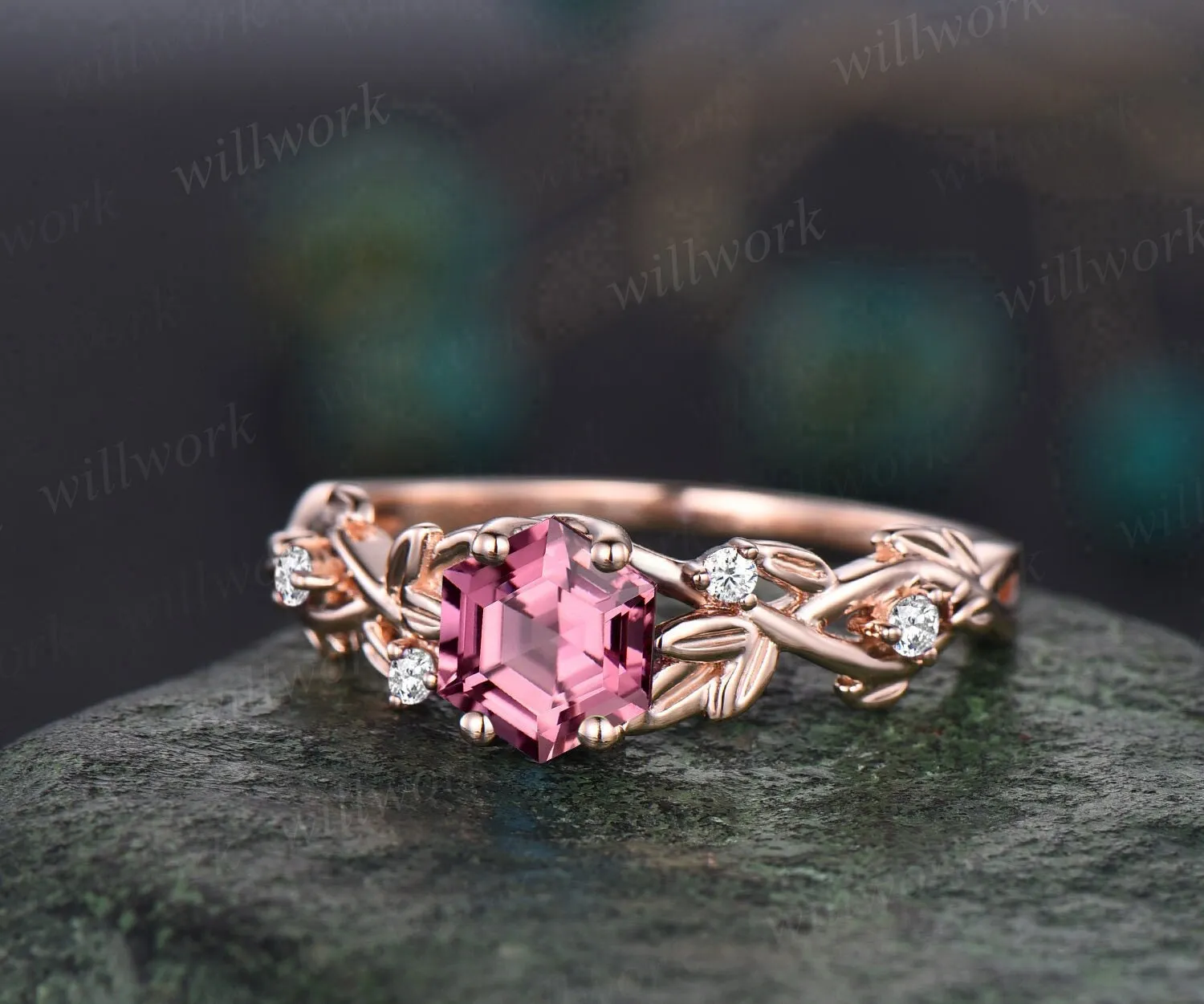Twig hexagon cut Pink Tourmaline engagement ring women 14k white gold leaf branch nature inspired diamond ring unique wedding ring jewelry sold by Willwork Jewelry