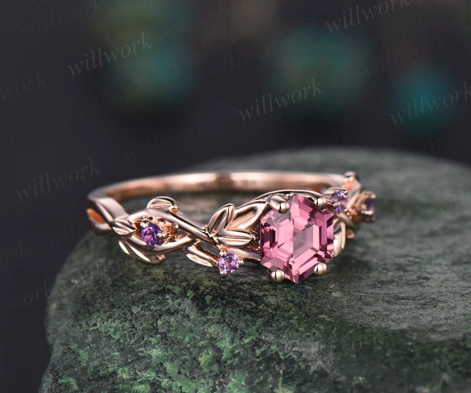 Twig hexagon cut Pink Tourmaline engagement ring women 14k white gold leaf branch nature inspired diamond ring unique wedding ring jewelry sold by Willwork Jewelry product image thumbnail 5