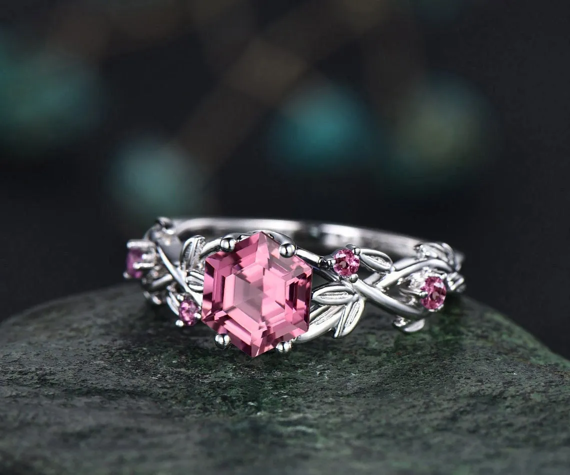 Twig hexagon cut Pink Tourmaline engagement ring women 14k white gold leaf branch nature inspired diamond ring unique wedding ring jewelry sold by Willwork Jewelry product image thumbnail 3
