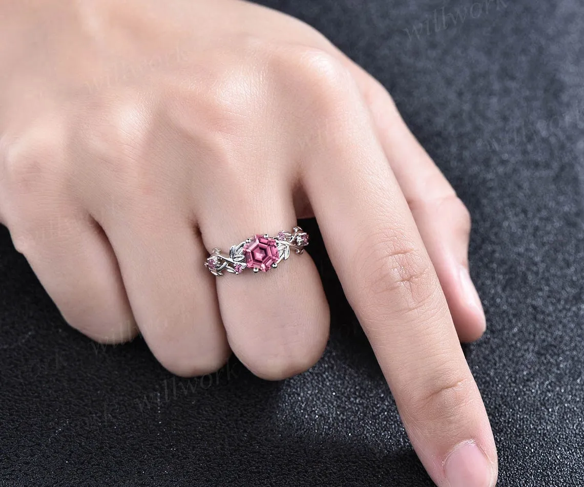 Twig hexagon cut Pink Tourmaline engagement ring women 14k white gold leaf branch nature inspired diamond ring unique wedding ring jewelry sold by Willwork Jewelry product image thumbnail 2