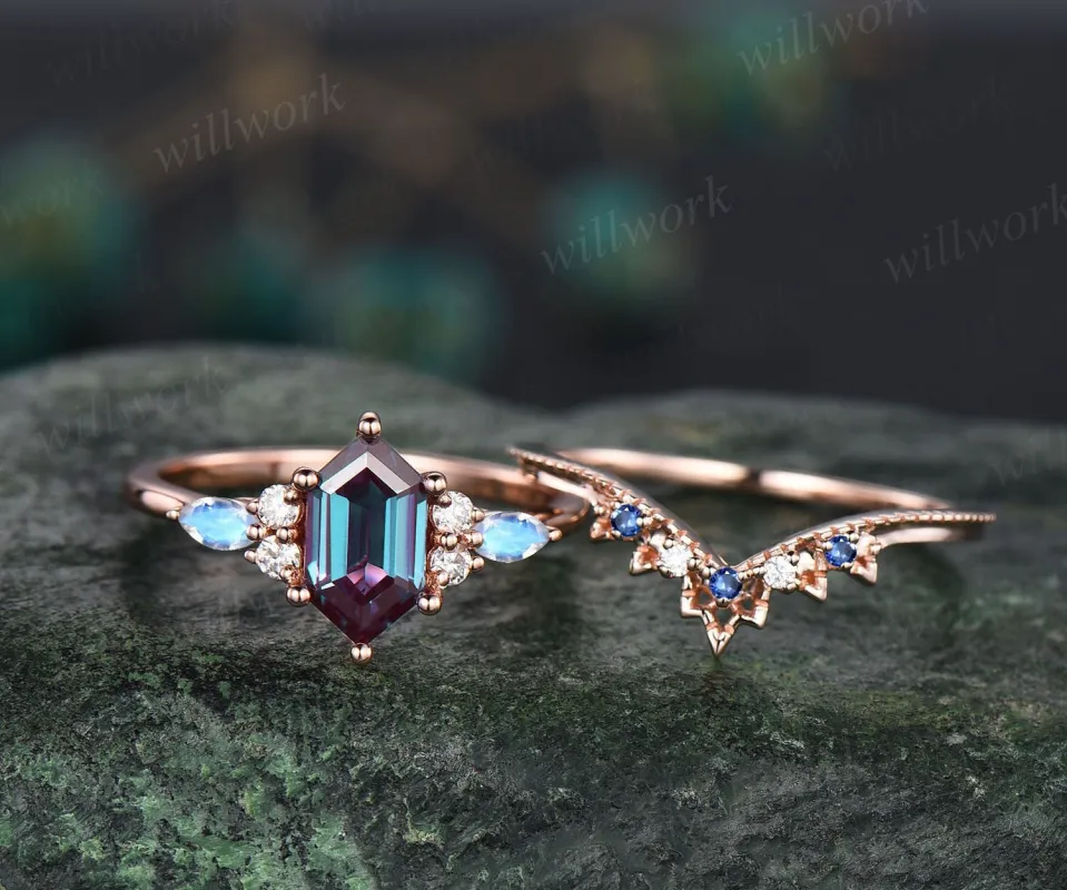 Vintage hexagon cut Alexandrite engagement ring set art deco rose gold moonstone ring women sapphire diamond promise anniversary ring set sold by Willwork Jewelry