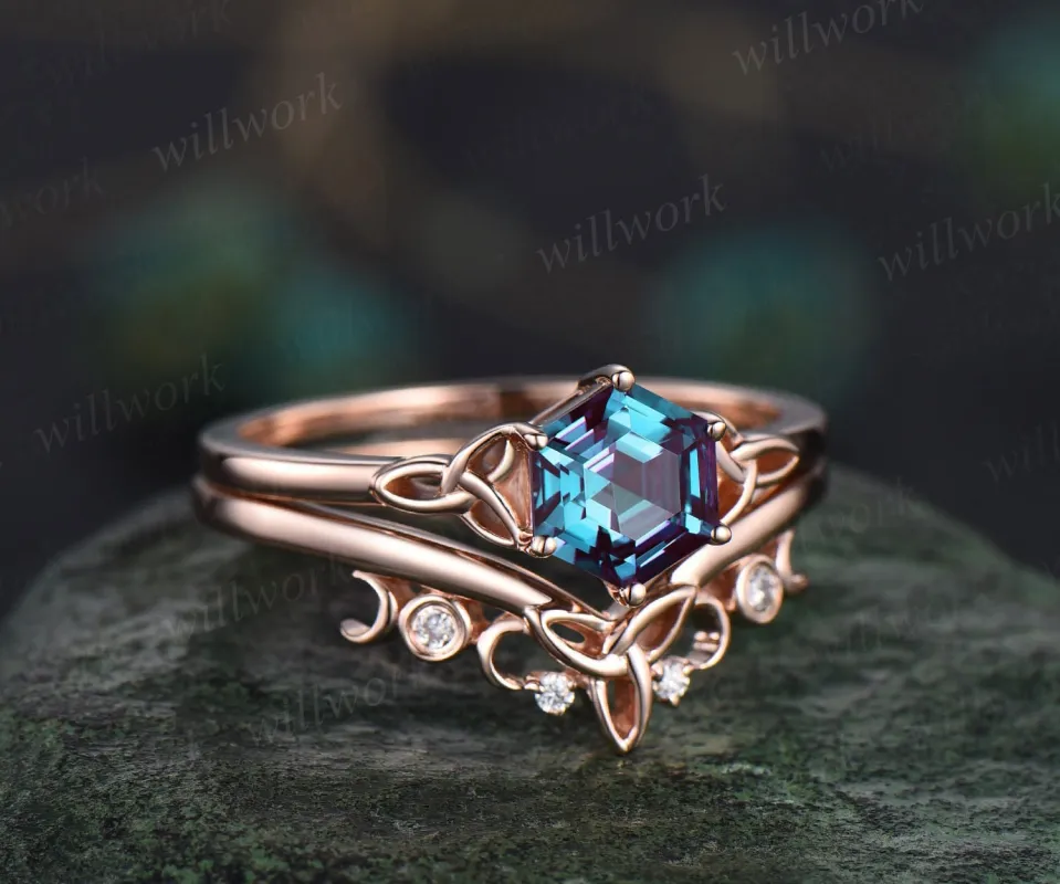 Vintage hexagon cut alexandrite engagement ring set for women Norse Viking rose gold ring unique moissanite anniversary ring set for women sold by Willwork Jewelry
