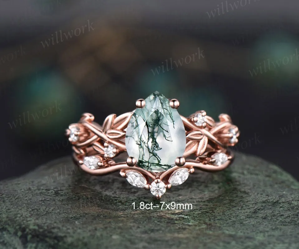 Twig pear shaped moss agate engagement ring set rose gold five stone leaf branch Nature inspired ring diamond wedding ring set women jewelry sold by Willwork Jewelry