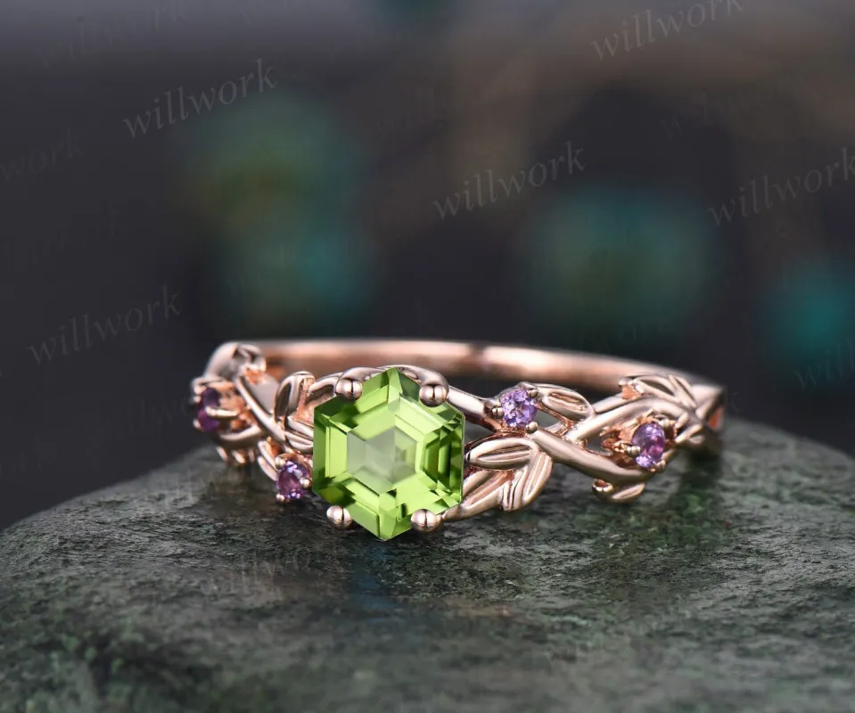 Twig Peridot ring vintage hexagon cut Peridot engagement ring rose gold leaf amethyst ring August birthstone ring anniversary ring for women sold by Willwork Jewelry